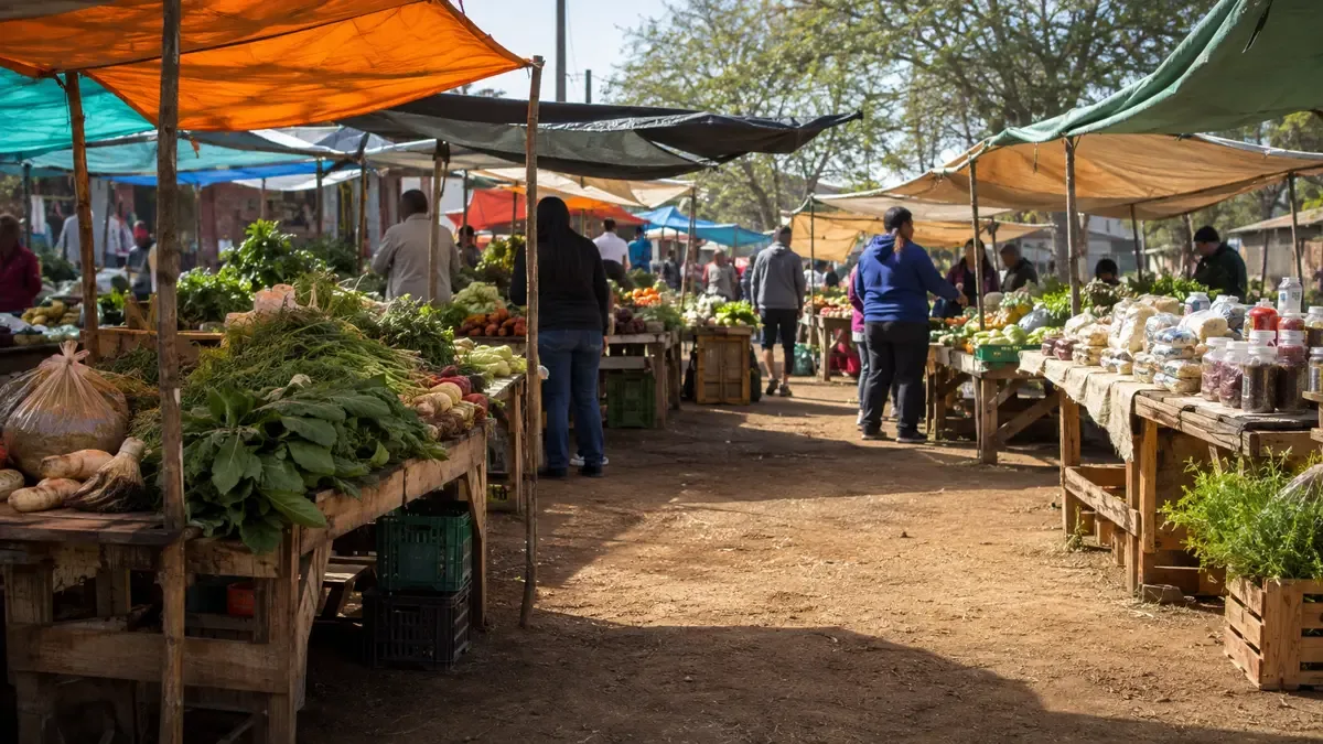 Puestos de una feria barrial con verduras y productos regionales bajo toldos