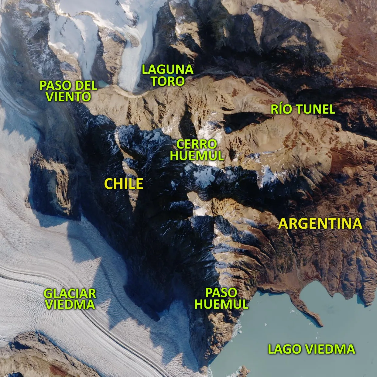Cerro Huemul, Paso Huemul, Paso del Viento y Laguna Toro