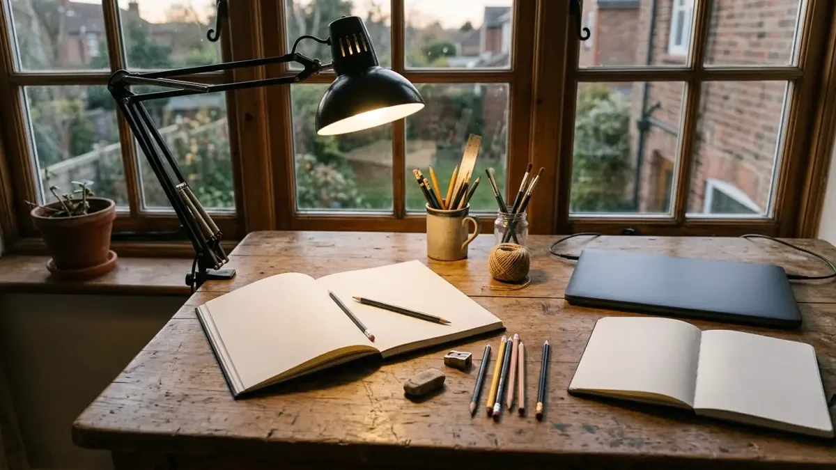 Mesa de estudio con cuadernos en blanco, lápices y lámpara encendida