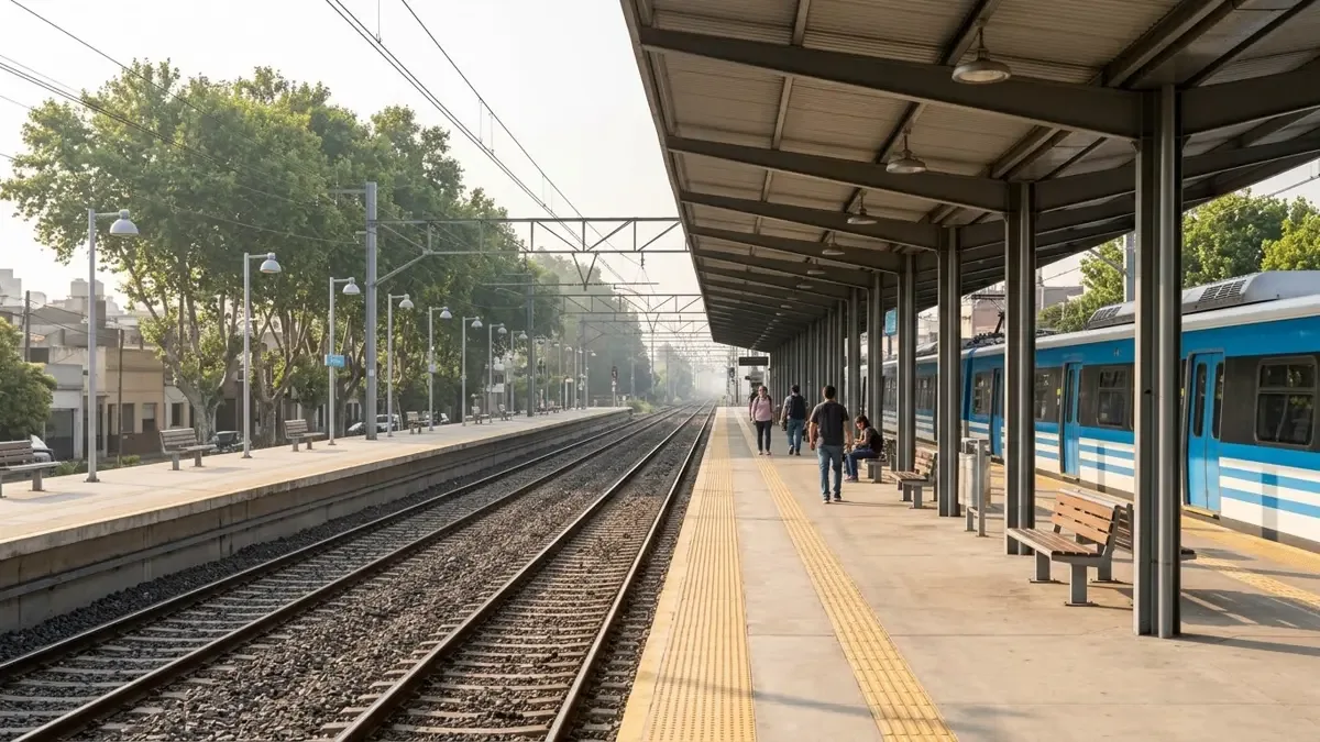 Andén de estación de tren con vías férreas y marquesina, en Quilmes