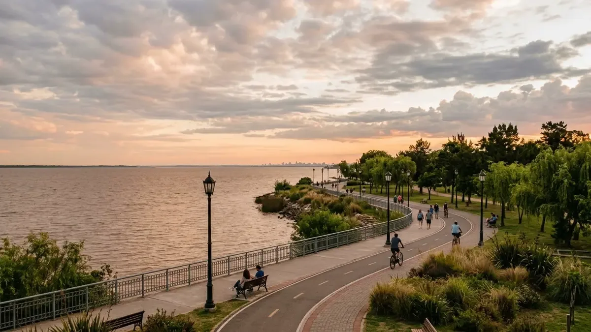 Costanera y ribera del río de la Plata en Bernal, con parque costero y sendero peatonal