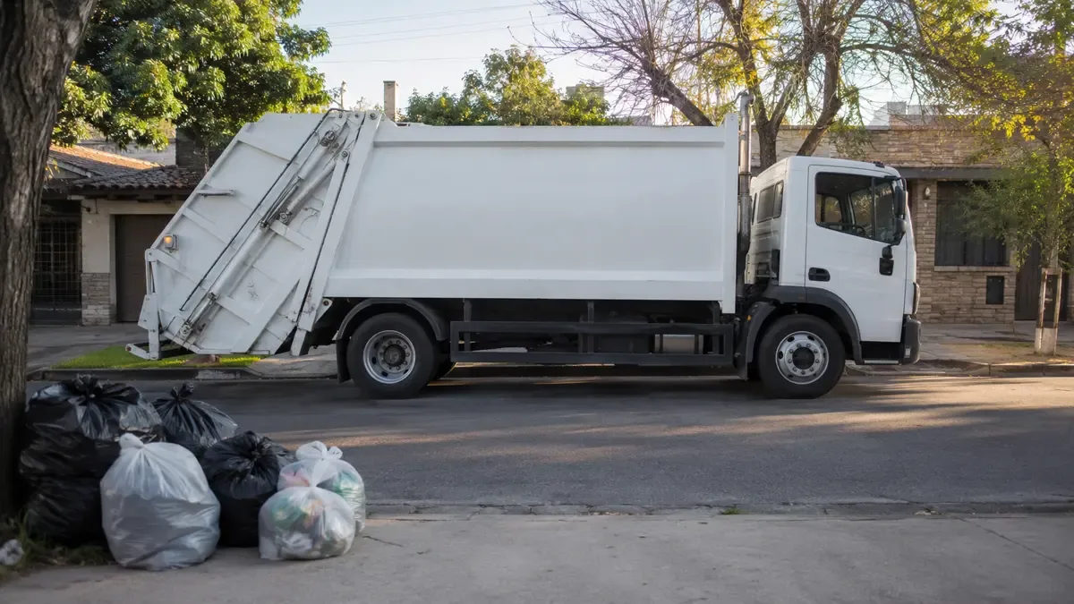 Camión recolector genérico junto a bolsas de residuos en una vereda barrial.
