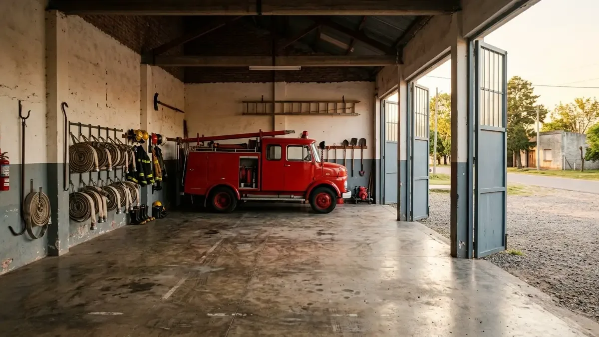Autobomba genérica dentro de un cuartel de bomberos voluntarios.