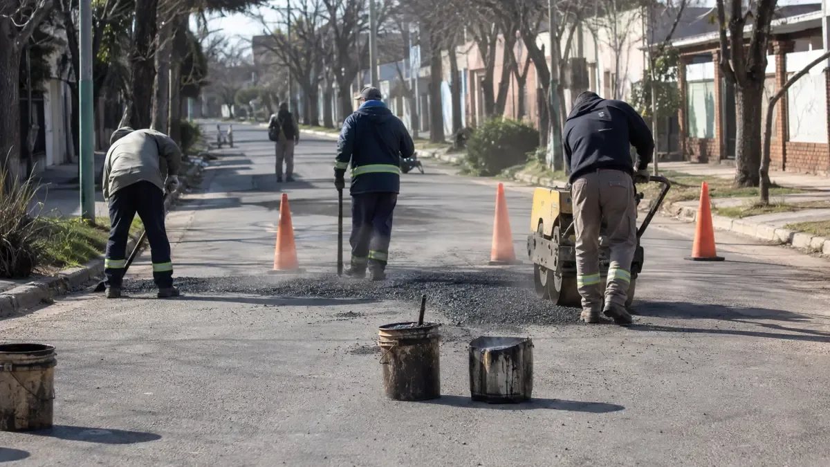 Cuadrilla bacheando una calle de barrio con maquinaria y asfalto caliente.